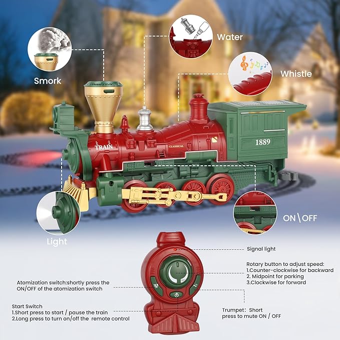 Electric Train Set Steam Toys with Remote Control,Christmas Train for Under The Trees with Smokes,Light & Sounds, for 3 4 5 6 7+ Years Old Kids
