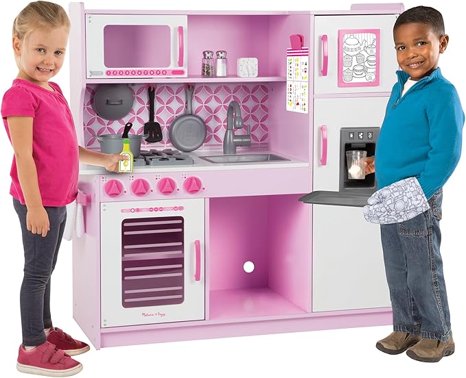 Melissa & Doug Wooden Chef’s Pretend Play Toy Kitchen With “Ice” Cube Dispenser – Cupcake Pink/White - FSC Certified