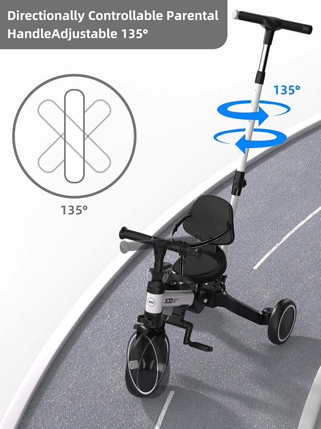 XJD Toddler Bike, 6 in 1 Folding Toddler Tricycle for 1-4 Year Old with Push Handle, Balance Bike with Removable Pedal,Backrest, Adjustable Seat Height and Handle, First Birthday Gifts (White)