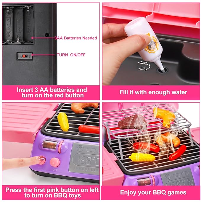 Kids BBQ Grill Playset Kitchen Toy Set with Pretend Smoke Sound Light Toddler Girls Pink Play Food Ages 2-4 3-5 4-8 Indoor Outdoor Cooking Barbecue Toys for 2 3 4 Year Old Girl Birthday Gift