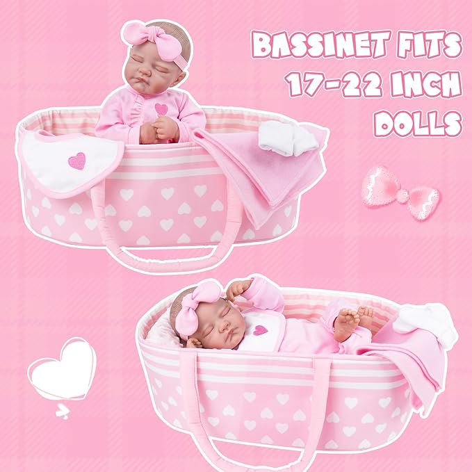 Aori 9 Pcs Reborn Baby Dolls Clothes Set with Pink Bassinet for 17-22 Inch Baby Doll, Carrier Bed and Baby Doll Clothes Outfit Accessories fit Newborn Baby Girl