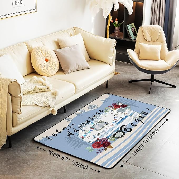 Erosebridal Camper Adventure Area Rug 3x5 RV Car Rug for Young Teens Cartoon Spring Flowers Mountain Travel Carpet Retro Blue Abstract Botanical Non Slip Decorative Rug