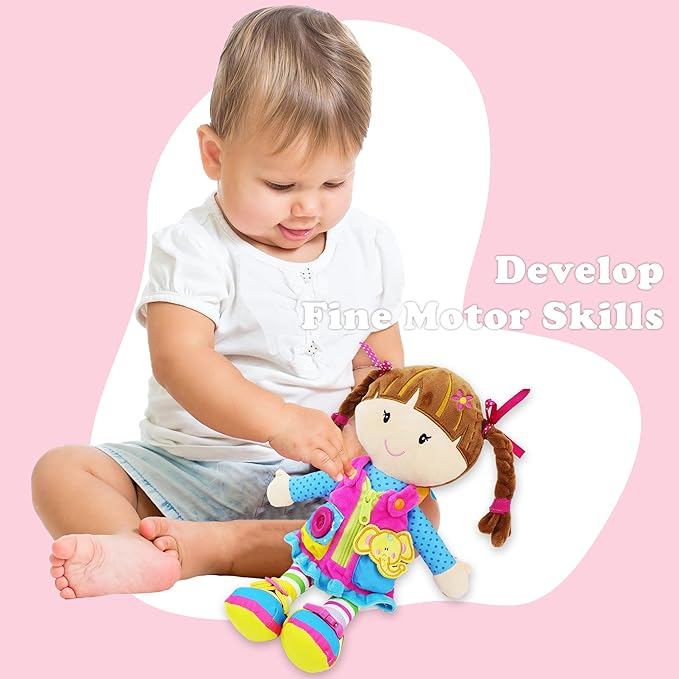 June Garden 15.5" Dressy Friends Scarlett - Educational Stuffed Plush Doll for Kids and Toddlers 2 Years and Up - Montessori Buckle Soft Toy