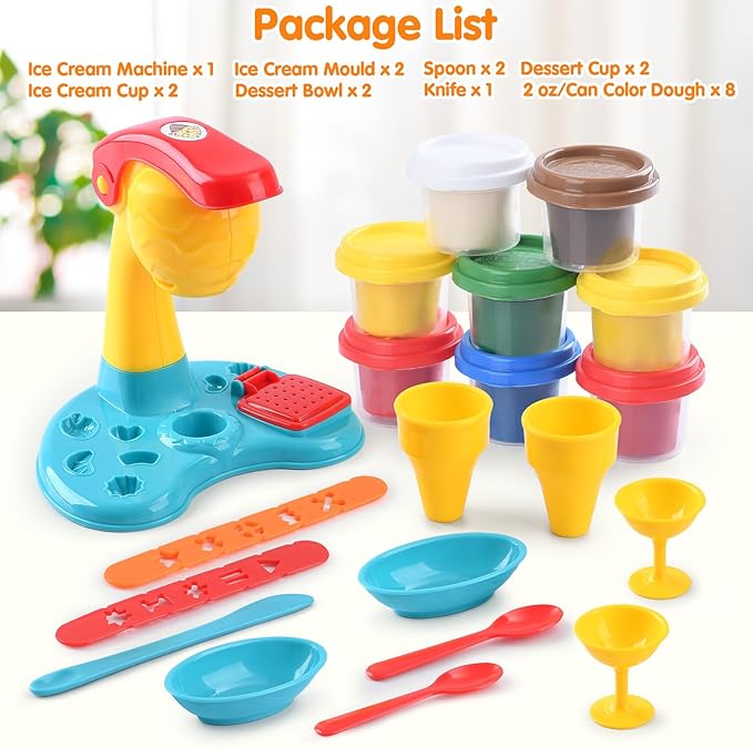 Color Dough Sets for Kids Ages 4-8, Play Kitchen Ice Cream Maker Color Dough Set for Kids Ages 3+, Arts Crafts play Food Toys for Girls Boys,8 Cans of Modeling Compound,2 oz Cans,Multicolor