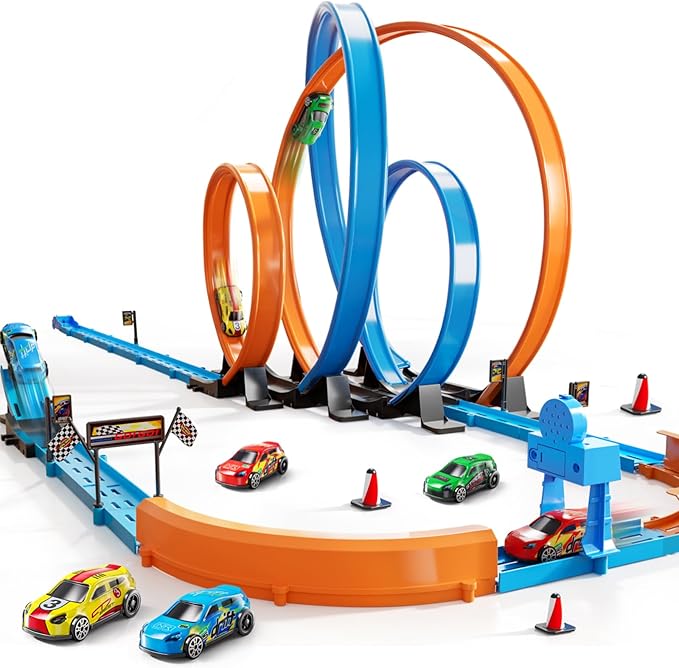 Car Race Track Sets for Kids 3 4 5 6 7 8 9 Years Old - Toy Car Track Set for Boys 3-5 6-8 8-12, Racing Game with 4 Small Cars, Boys Toy, Gifts for Boys Girls 3-8