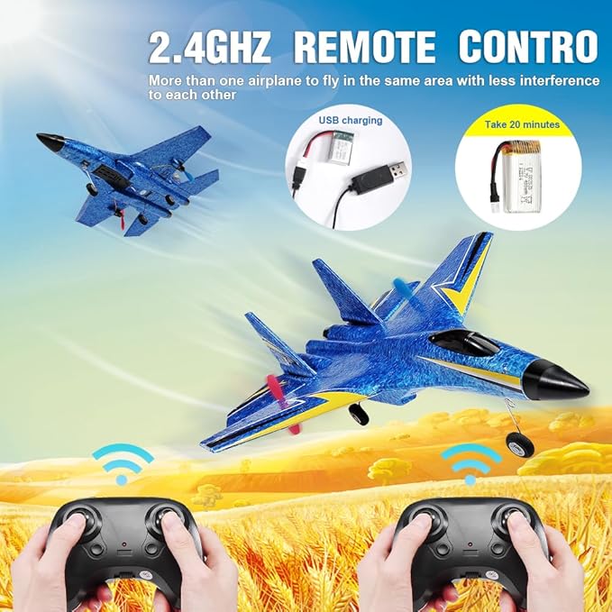 Su-27 RC Airplane,2.4GHz 2 Channel Remote Control Plane with Gyro Night Lights and 2 Batteries, Easy to Fly for Adults, Beginners and Kids Toy