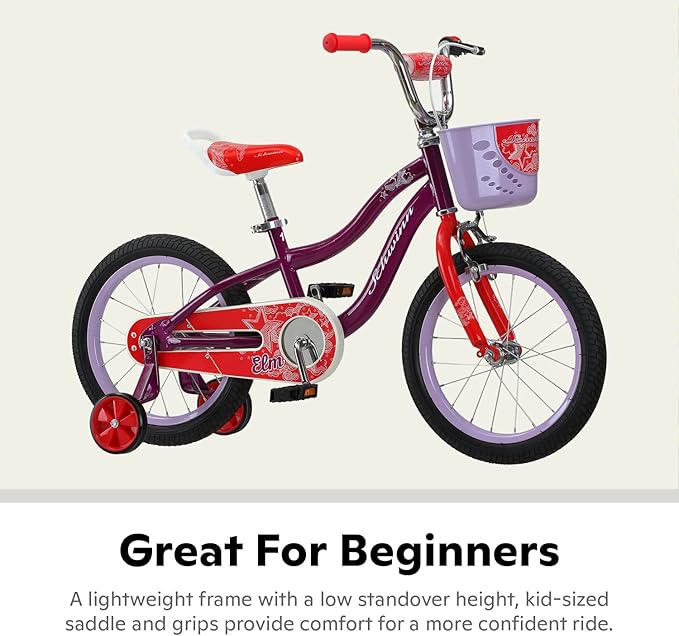 Schwinn Elm BMX Style Toddler and Kids Bike, For Girls and Boys, 16-Inch Wheels, With Saddle Handle, Training Wheels, Chain Guard, and Front Basket, Recommended Height 38-48 Inch, Purple