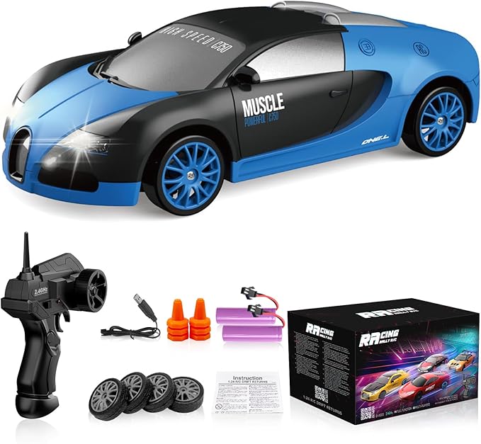 Remote Control Car RC Drift Car 2.4GHz 1:24 Scale 4WD 15KM/H High Speed Model Vehicle with LED Lights Drifting Tire Racing Sport Toy Car for Adults Boys Girls Kids Gift 2Pcs Rechargeable Batteries