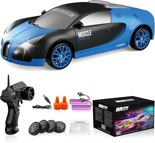 Remote Control Car RC Drift Car 2.4GHz 1:24 Scale 4WD 15KM/H High Speed Model Vehicle with LED Lights Drifting Tire Racing Sport Toy Car for Adults Boys Girls Kids Gift 2Pcs Rechargeable Batteries