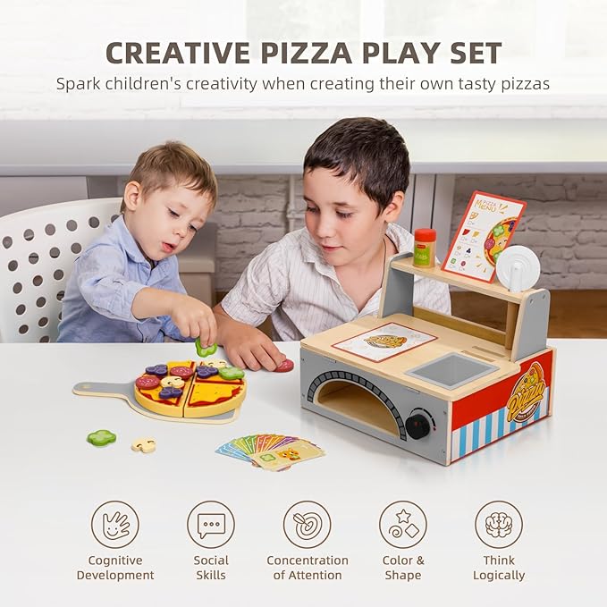 Wooden Pizza Toy Kids Pizza Counter Playset, Montessori Pretend Play Kitchen Accessories with Toy Food, Bake Oven, Role Play Set for 3 4 5 6 Year Old Boys Girls