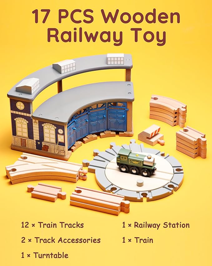 SainSmart Jr. Wooden Train Track with Roundhouse - Railway Toy for Toddlers, Double-Side Tracks Compatible with with All Major Brands - Wood Toy Train for Aged 3+