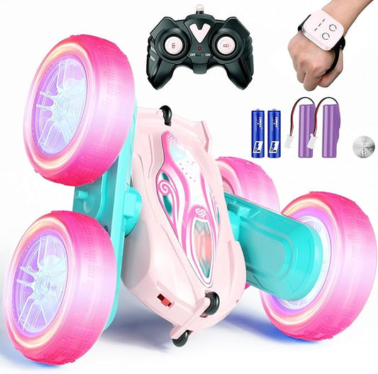 Remote Control Car Toys for Girls & Boys, 4WD Gesture RC Stunt Cars, High Speed RC Truck with Double Sided 360 Flips and Headlights Wheel Lights, Off-Road Stunt Car Toys for Kids 6-12 yr (Pink)