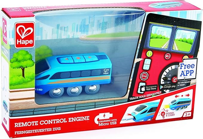 Hape Remote Control Engine Train | Kids Railway Toy, App or Button RC Vehicle with 5 Playable Sounds, Rechargeable Battery Feature, Blue
