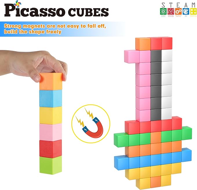 PicassoTiles Magnet Cube Building Blocks 1.2" 3CM Magnetic Cubes Toy Construction Building Educational Sensory Toys with Idea Booklet for School & Preschool Kids Boys Girls Toddlers PMC301