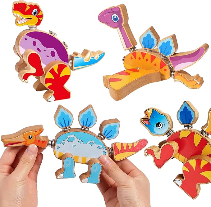 HUZU Dinosaur Building Blocks, Wooden Dino Snap Blocks, Snap Dinosaur Toys for Kids 3-5, 5-8, Fine Motor Skills STEM Kits Educational Learning Building Toys Gifts for Preschool Children