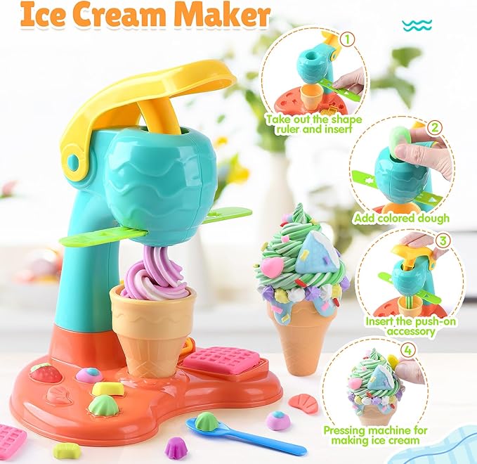 PLAY Clay Dough Set with Ice Cream Maker Machine/Noodle Maker/Banana Split Ice Cream Mold Kitchen Creations Arts Crafts Play Food Toys Tools Kit for Boys Girls Kids Toddlers Ages 3+
