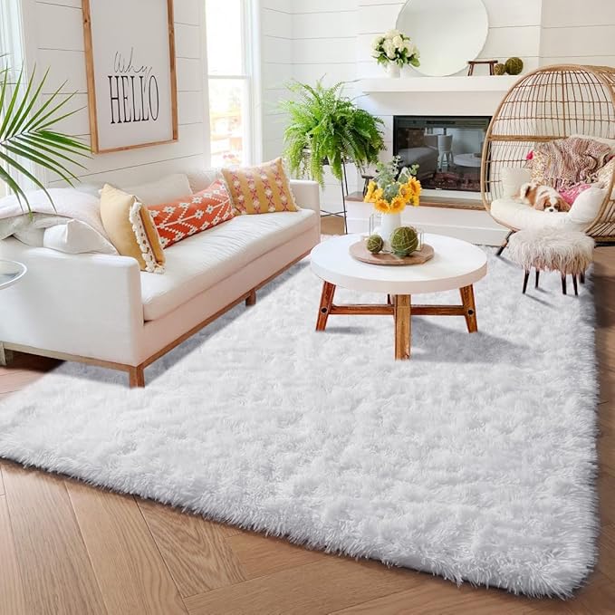White Area Rugs for Bedroom Living Room, Fluffy Shag Rug 5x8 for Kids Room Decor, Modern Furry Plush Rugs for Baby Nursery, Teen Girls Boys, Cute Fuzzy White Fur Carpet for Dorm, Home Office, Playroom