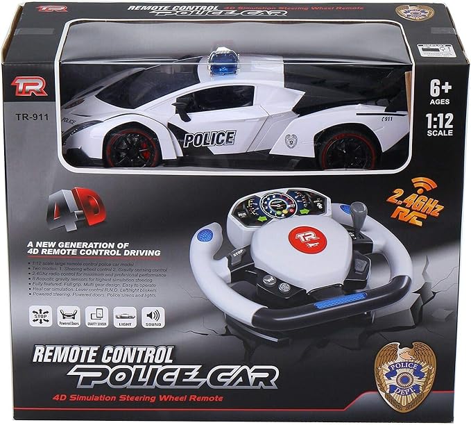 Remote Control Police Car, 4D Motion Gravity and Steering Wheel Control, 1:12 Scale, 2.4Ghz, with Lights, Sirens, Powered Doors, (TR-911)