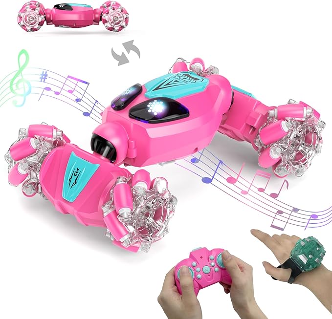FOTN Remote Control/Gesture Sensing Stunt Car,4WD All-Terrain 2.4Ghz RC Pink Dual Control Off-Road Vehicle ，Lights Music，Modular Lithium Battery, 360° Flips，Snake-Move, Boy/Girl Birthday Gift