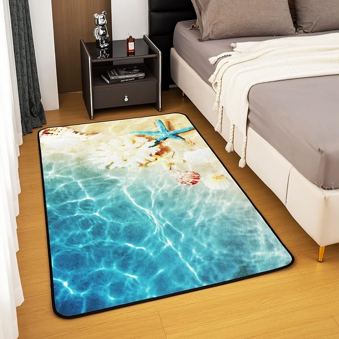 Ocean Area Rugs 5x6'6'', Beach Rug, Coastal Nature Theme Teal Carpet, Boys Girls Hawaiian Sea Wave Animals Shell Starfish Washable Accent Rug for Bedroom, Blue