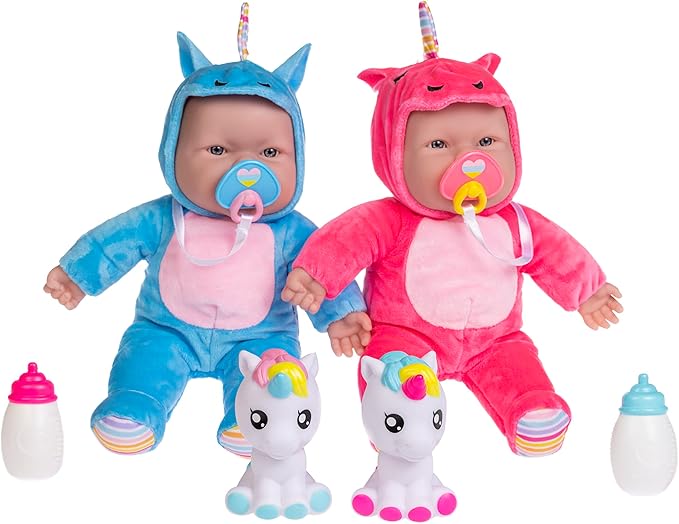 JC Toys Lots to Cuddle Babies 12-inch Small Soft Twin Baby Dolls Unicorn Theme| Washable | Pink and Blue | Includes Play Unicorns, Bottles, Pacifiers| for Children 12 Months +