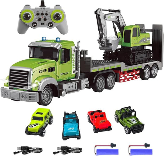 Fistone RC Semi-Trailer Truck & Excavator Toy Set, 1:12 Scale with Sound and Lights, 2.4Ghz Remote Control Flatbed Truck and Excavator Toys for Boys 6-12 Years Old