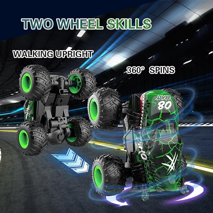 Jumping Monster Truck Toy, 2.4GHz Remote Monster Trucks for Boys 4-6, Dinosaur Monster RC Truck, 2 Rechargeable Batteries, 3 Lighting and Music, Rotate 360 °, Drift, Blue Remote Control Car