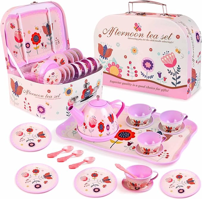 Pretend Play Tea Set for Little Girls, Gift for Age 3-8, Flower Themed, 19 PCS