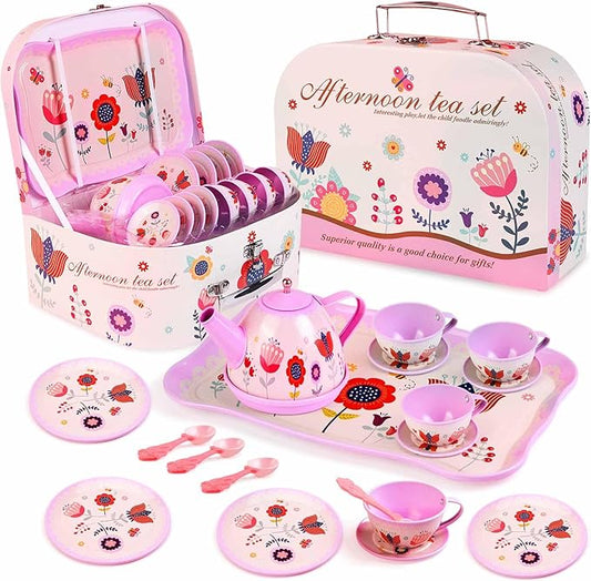 Pretend Play Tea Set for Little Girls, Gift for Age 3-8, Flower Themed, 19 PCS