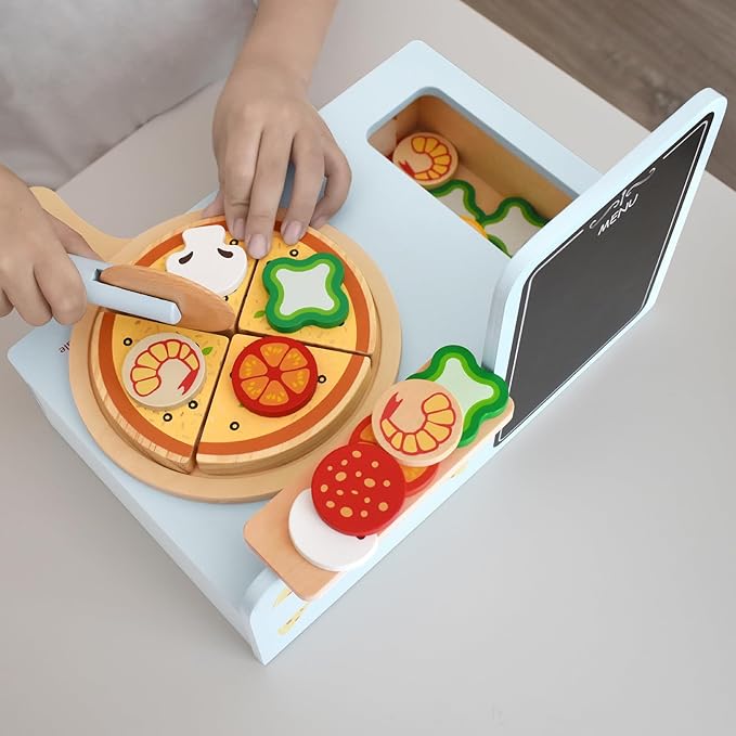 Wooden Pizza Play Set – 24 PCS Slice‑&‑Serve Pretend Play Pizza Toy, Hook‑and‑Loop Cutting, Montessori Kitchen Role Play, Wooden Play Food Gift for Toddlers Ages 3‑6