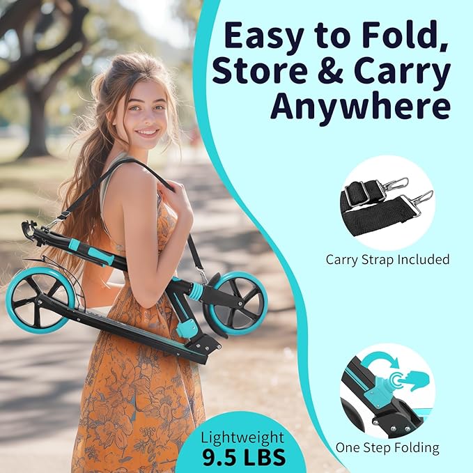 BELEEV V8 Scooters for Kids Ages 6+ with Light-Up Deck, 2 Wheel Folding Scooter for Adults Teens, 4 Adjustable Height, Lightweight Sport Commuter Scooter, Sturdy Frame, Max Load 220 lbs