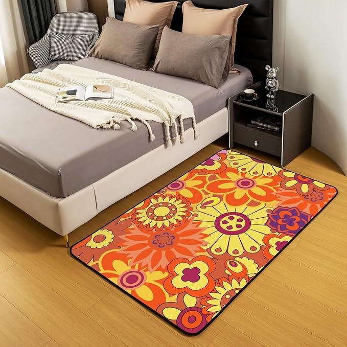 Erosebridal Hippie Boho Area Rug 3x5 70S Retro Groovy Flowers Power Carpet Aesthetic Vintage Floral Decorative Rug for Girls Colorful,Geometric Garden Flower Non Slip Rug for Bedside
