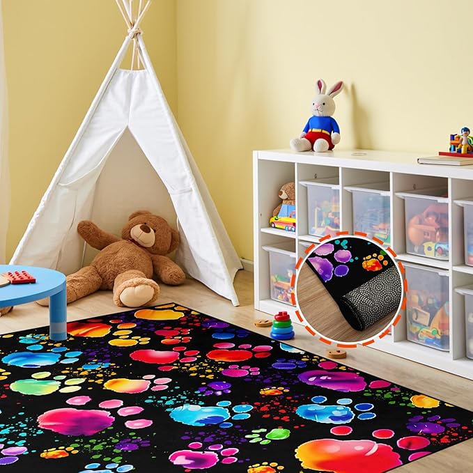Paw Print Rug - Cute Colorful Dog Cat Paw Print Rugs Cartoon Animal Claw Carpet for Kids Bedroom Cute Animal Paw Themed Decorative Carpet for Playroom Soft Decor for Classroom,4'×5'