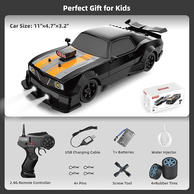 1/16 4WD RC Drift Car, 2.4GHz 4WD Remote Control Car, 18KM/H+ High Speed, LED Lights, Sprayer, Rechargeable Battery, Extra Tires, Unisex Children (8+), Black
