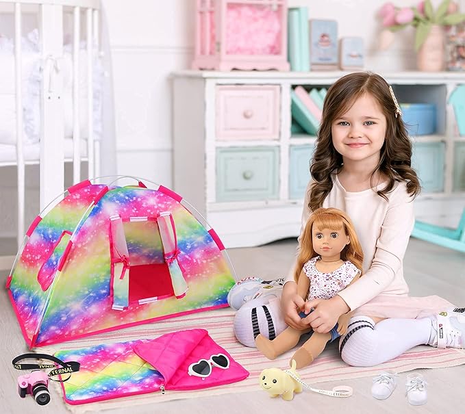 ZITA ELEMENT 7 Items Fashion Doll Camping Tent Set for 18 Inch Girl Doll Accessories - Including 18 Inch Doll Camping Tent, Sleeping Bag, Clothes Set, Shoes, Camera, Eye Glasses and Toy Dog
