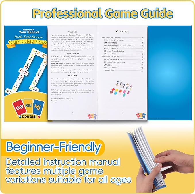 Double 12 Mexican Train Dominoes Set with 8 Wooden Racks & 91 Number Tiles Portable Travel Board Game for Kids and Adults Family Game Night