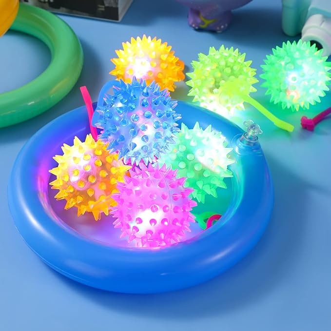 Sotiff 27 Pcs Light up Ball Spiky LED Bouncy Ball Flashing Squeaky Multicolor Puffer Toy Rubber Sensory Toy Carnival Prizes Bulk Party Favors for Teens, Adults, Children