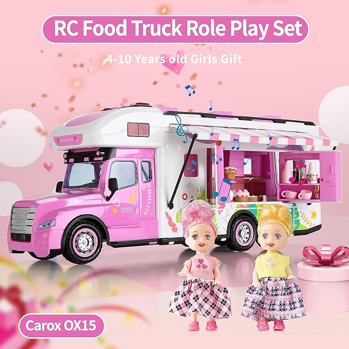 Carox Remote Control Car for Girls Food Truck Toy Playset,Pink Remote Control Food Truck with Food Set, Dolls and Tableware Set,Best Gift for 4-9 Years Old Girls, Birthday (Rose red)