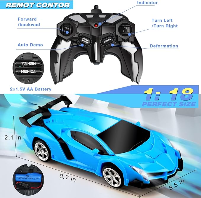 Remote Control Car Toys - Transforming RC Cars for Kids & Boys Toys - One Button Transformation and 360 Degree Rotating Drifting - Gifts for Boys and Girls (Blue)