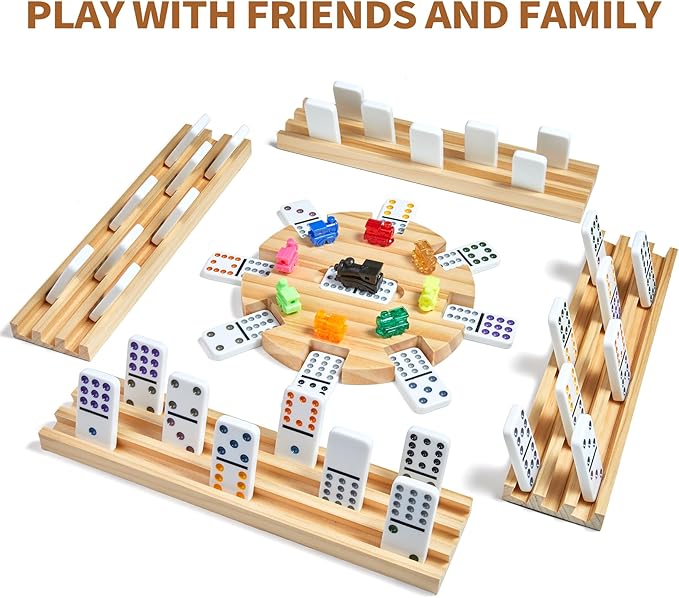 Mexican Train Double 12 Dominoes Set with 4 Wooden Trays/Racks in Portable Carrying Case Colorful 91 Tiles & 9 Trains Board Game for Family Game Night