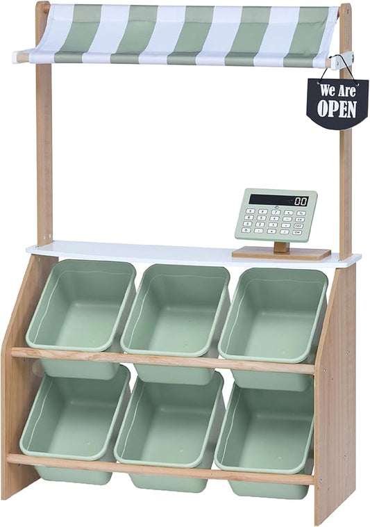 Teamson Kids Little Helper Wooden Farmer's Market Stand with Pretend Cash Register and 6 Plastic Storage Bins, Green, TD-13638A-AMZ