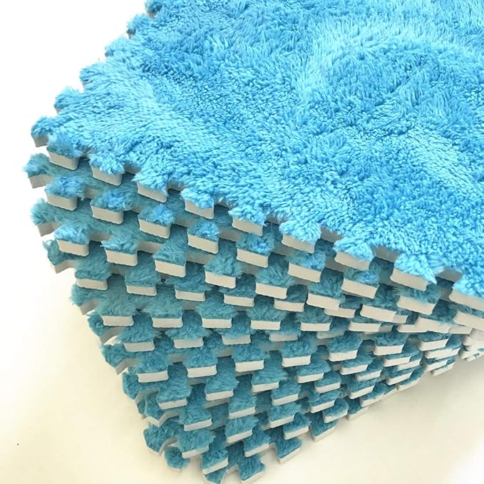 Interlocking Carpet Shaggy Soft EVA Foam Mats Fluffy Area Rugs Protective Floor Tiles Exercise Play Mat for Children Kids Room Home Parlor Bedroom (12 pcs, Blue)