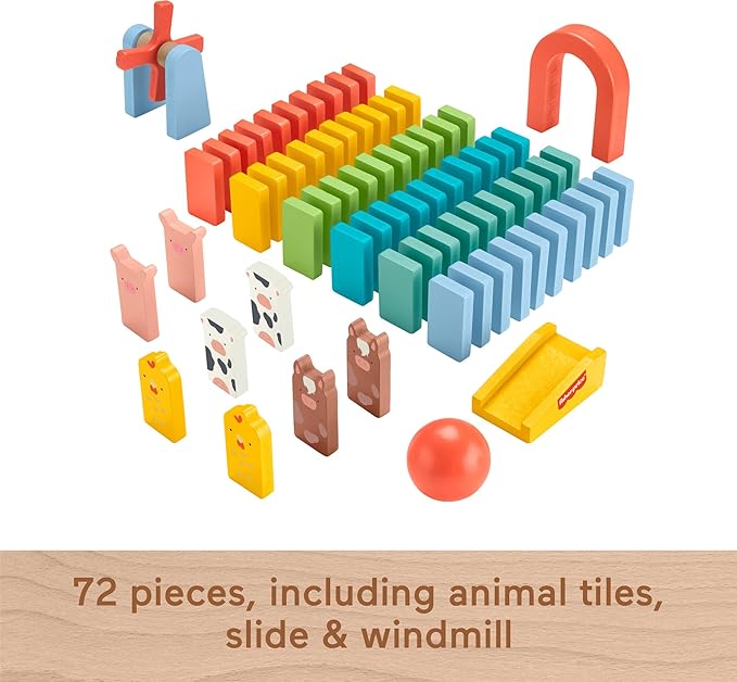 Fisher-Price Wood Preschool Game Domino Run Playset, 72-Piece Wooden Building Set for Kids Ages 3+ Years
