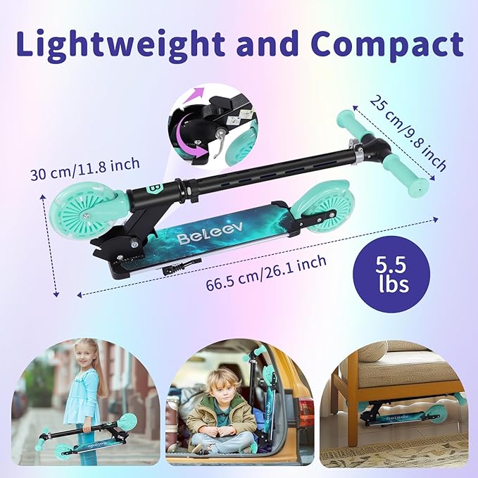 BELEEV V3 Scooter for Kids with Light-Up Wheels & Stem & Deck, 2 Wheel Folding Scooter for Girls Boys, 4 Adjustable Height, Lightweight Kick Scooter with Handy Kickstand for Children Ages 3-12