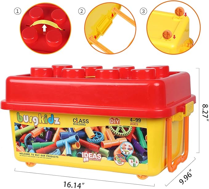 burgkidz 426 Pieces Toy Pipe, Creative STEM Tube Locks Construction with Wheels and Mini Baseplate, Interlocking Educational Sensory Kit, Preschool Learning Toys for Boy and Girls Ages 3+