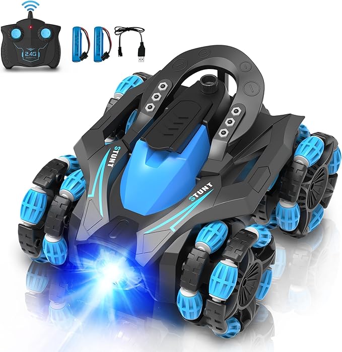 Eulogia RC Stunt Car for Boys 5-12, High Speed 360° Rotating, Drift 4WD Remote Control Car with Headlights, 2.4GHz Electric Rechargeable Race Stunt Toy Car for Boys Girls Birthday (Blue)