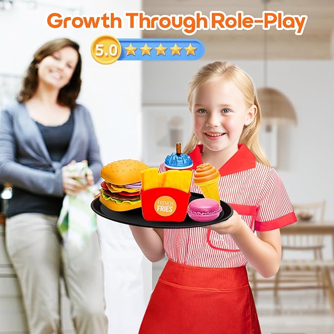 Restaurant Server Play Toys Set for Boys Girls Age 3-8, Role Play Set with Unisex Server Dress-Up Costume, Play Food, Play Money, Menu for Kids Play Kitchen, Restaurant,Xmas Stocking Stuffers for Kids