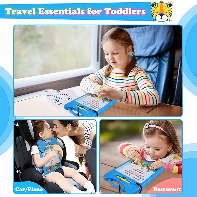 Magnetic Drawing Board for Kids, Toddler Magnet Doodle Board with Beads and 2 Pens, Magnetic Dot Art Toys, Airplane Car Travel Activities (Blue Cat)
