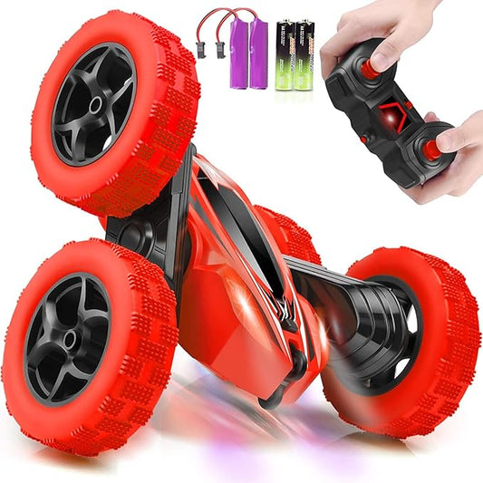 Remote Control Car, 2.4GHz Fast Stunt RC Trucks with Headlights, 4WD Double Sided 360 Rotating Off Road RC Crawler Toy Cars for Kids Boys Girls (Red)