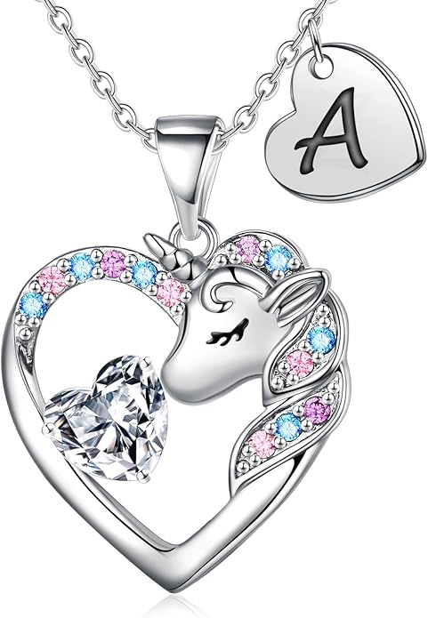 Necklace for Girls Kids Gifts - Colorful CZ Heart Initial Necklaces Unicorn Necklace for Girls Jewelry Birthday Graduation Gifts for Little Girl Kids